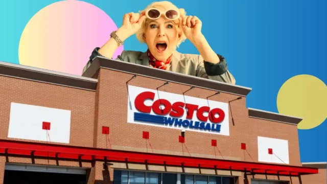 a photo of Costco storefront with a surprised family woman